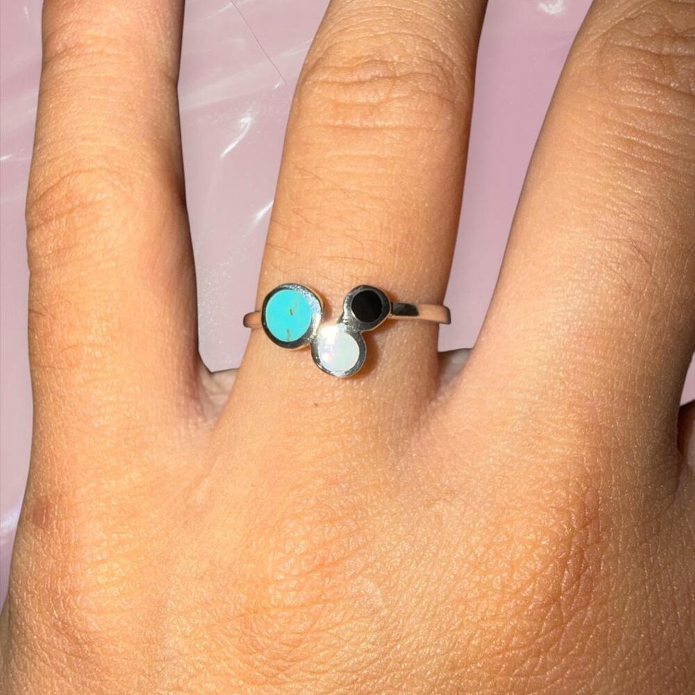 Y2K fairy boho 925 Sterling Silver turquoise mother of pearl onyx ring dainty